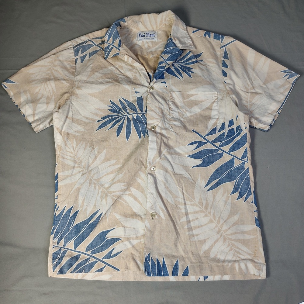Vintage Kai Nani Hawaiian Shirt Mens Blue Tan Palm Leaf Print Made in Hawaii USA